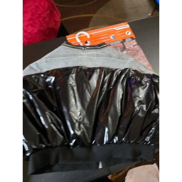 Women's AKIRA Black Light Blue Denim Shiny Bomber Jacket XL - Picture 2 of 3